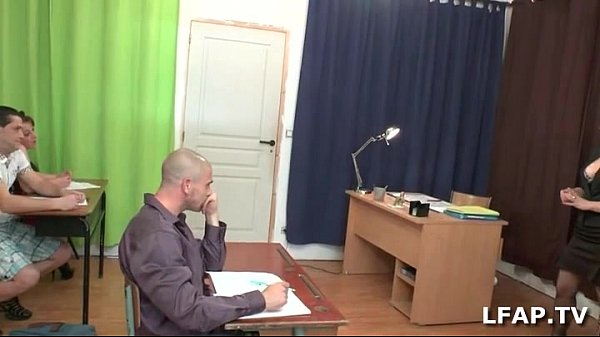French brunette fucked by two friends in the classroom